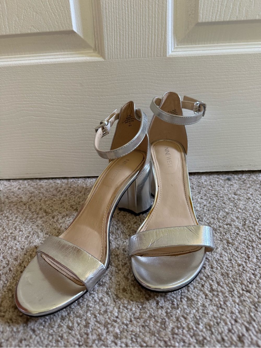 Nine West Metallic Silver Ankle-Strap Block Heels